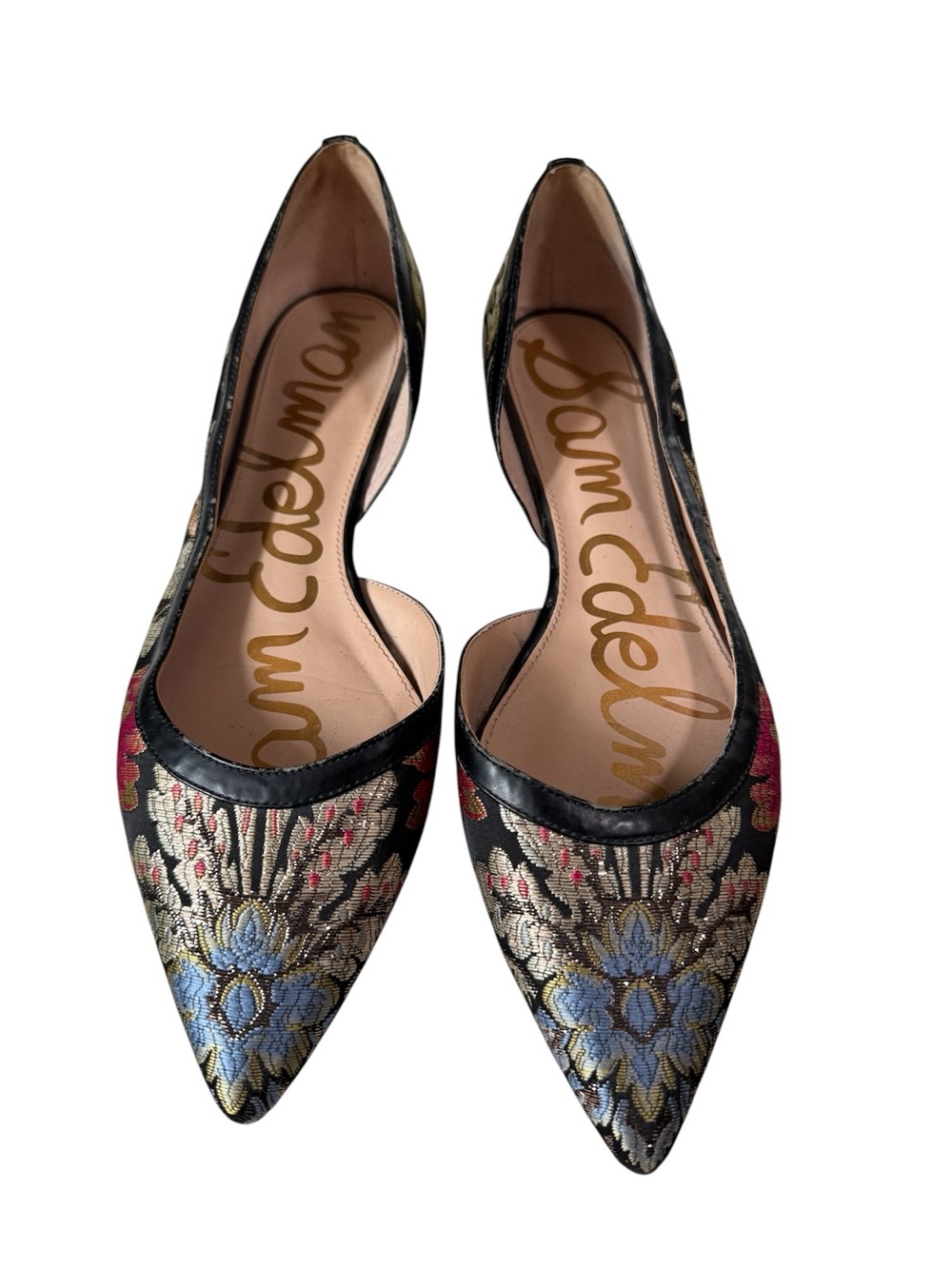 Sam Edelman Black Floral Jacquard Pointed Flats with Blue and Gold Accents - 11